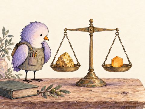 Lavender bird comparing a rough gold-like material with a precise digital-value form on a balance.