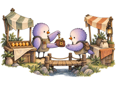 Two lavender birds exchange a locked coin purse directly across a small market bridge.