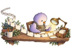 Lavender bird arranging a ribbon of conversation cards beside a memory drawer and focusing lens.