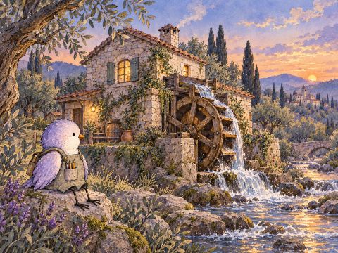 Lavender bird observing a watermill turn limited flow into useful work at dusk.
