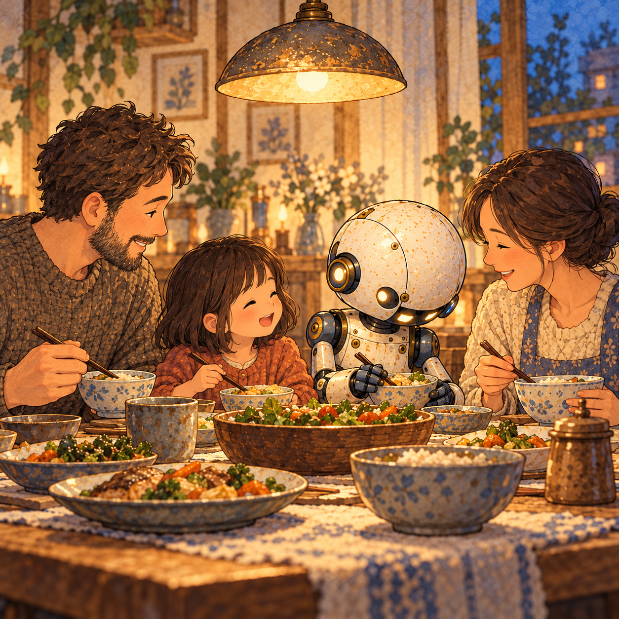 A smiling father, mother and daughter share dinner with a cheerful android.